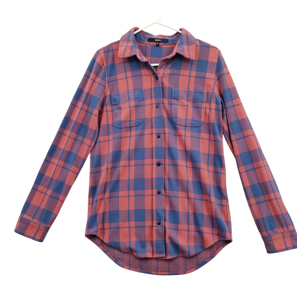 Quince Womens Cabin Granola Gorp Plaid Knit Button Up Shirt S Pink Blue Fleece